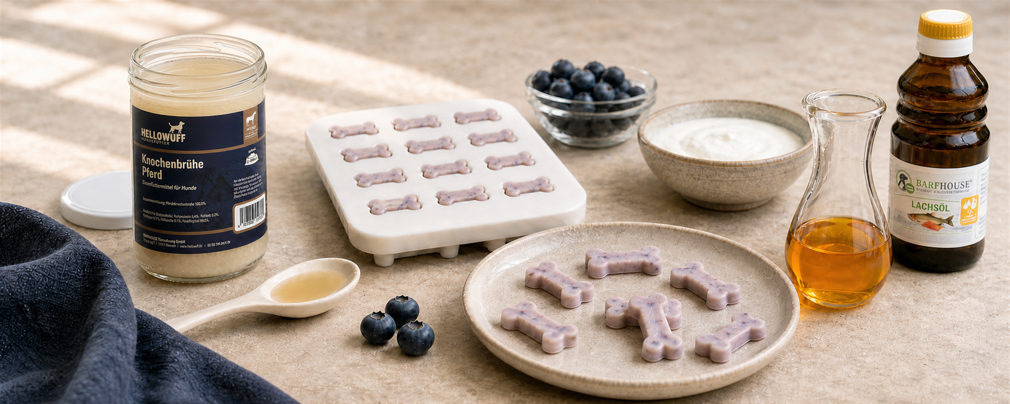 Selbst gemachtes Hundeeis mit Knochenbrühe, Heidelbeeren,...